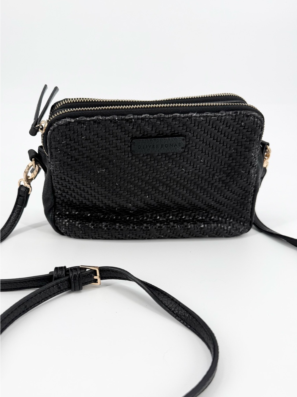 Oliver Bonas Woven Double Zip Crossbody Bag | Black | OS